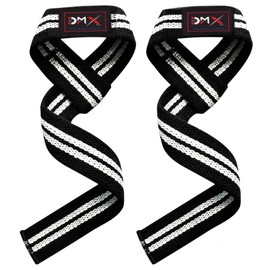 DMX INTL Weight Lifting Straps Single Loop Neoprene Padded Cotton Wrist Strength Support Non Slip Premium Quality Bar Strap (Pair) (Black/White)