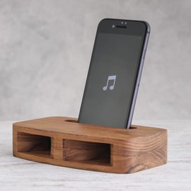 NOVICA Artisan Handmade Teak Wood Phone Speaker Twohorn from Thailand Brown Gadgets Gear [1.3in H x 6in W x 3.4in D Standbase 1in H x 3.6in W x 0.6in D] ' Teak Decibel'