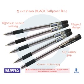 SUPRA Best Ballpoint Pens Soft Rubber Grip Smooth Writing Office School Home Multi Pack (5 x 0.7mm Fine BLACK Ball Pens + 1 x ZOFAX Classy Ball BLACK Pen)