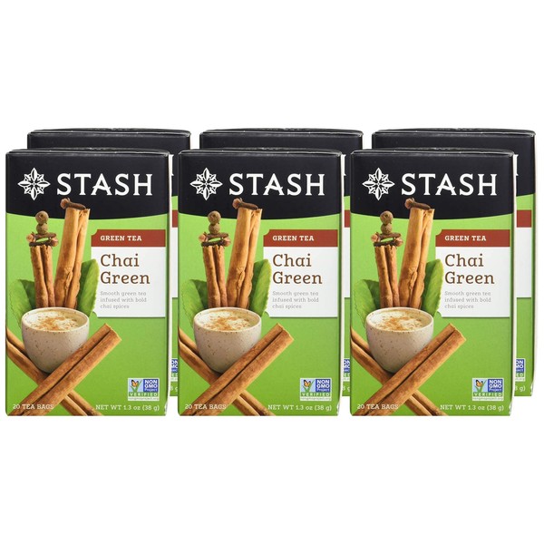 Stash Tea Chai Green Tea - Caffeinated, Non-GMO Project Verified Premium Tea with No Artificial Ingredients, 20 Count (Pack of 6) - 120 Bags Total