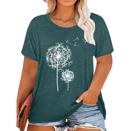 tiorhooe Women's Large Sizes Shirt Women Dandelion T Shirts Plus Size Dandelion Casual T-Shirt, Green