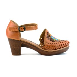 COLORES DE MEXICO MX - Mexican Leather Shoes with Embroidered Flowers, with heels for Women - Model 102BL (8, Brown)