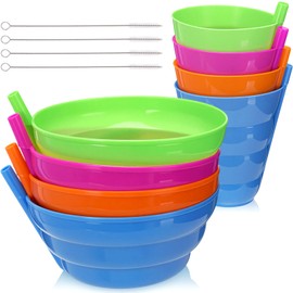 LemonRoad 20 Pack Cereal Bowls with Straws for Kids Colorful 8 16 oz Bowls and 8 10 oz Cups Both with Built in Straw Includes 4 Cleaning Brushes Reusable Dishwasher for Children Toddlers Milk Soup