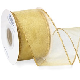 Ribbli Champagne Gold Organza Wired Ribbon, Gold Sheer Ribbon with Metallic Edge,2-1/2 Inch x 20 Yards Christmas Tree Ribbon for Decoration, Wired Ribbon for Large Gift Wrapping,Wedding Decoration.