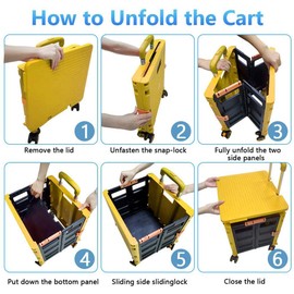 Foldable Utility Cart Folding Portable Rolling Crate Handcart Shopping Trolley Wheel Box with Lid Wear-Resistant Noiseless 360°Rotate Wheel for Travel Shopping Moving Storage Office Use (Yellow)