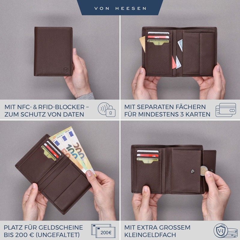 VON HEESEN Men's Leather Wallet with RFID Protection - Genuine