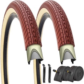 SIMEIQI 26x2.35 Inch Beach Cruiser Bike Tire Black White Wall or Brown Cream Wall Folding Replacement Bicycle Tire for Hybrid City Commuter Trail (Brown Cream 2 Tires 2 Tubes 2 Levers, 26x2.35)