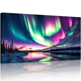 SERIMINO Colorful Aurora Wall Art, Fantasy Starry Sky Large Wall Decor, Modern Northern Lights Nightscape Art Prints, Natural Lake Aesthetic Canvas Pictures for Living Room Bedroom Office 24"X48"