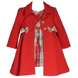 Bonnie Jean Girl's Holiday Christmas Dress and Coat Set for Baby, Toddler and Little Girls, Red Gold Green Ivory, 2T