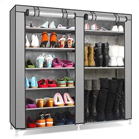 9 Tier Shoe Rack, Space Saving Portable Shoe Rack Storage Organizer, 10 Tiers 9 Lattices Non-Woven Waterproof Fabric Cover Shoe Rack (Grey, Double Rows 9 Lattices)