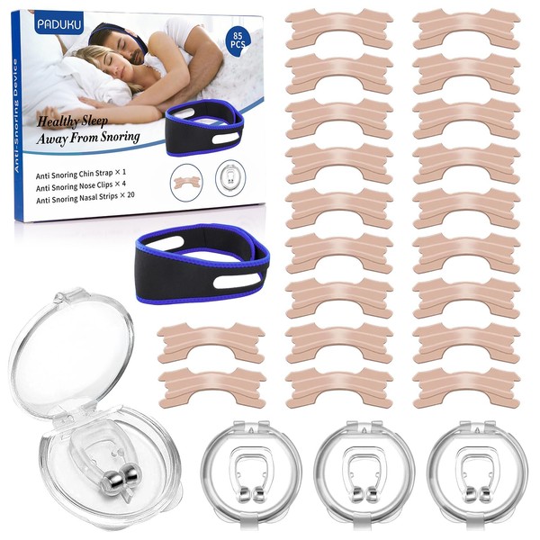 25 Pcs Anti Snoring Devices - Nose Strips for Snoring x 20, Nose Clips for Snoring x4, Anti Snoring Chin Strap x1, Snoring Aids for Women and Men