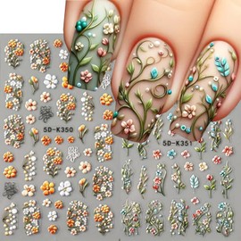 5D Embossed Flowers Nail Stickers Decals - 2PCS Flower Art Decals Spring Summer Colorful Floral Green Vine Design Nail Adhesive Sliders Flower Stickers for Nails Spring Manicure Decoration