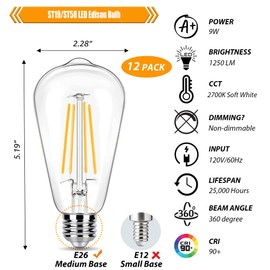 winsaLED 12 Pack 100 Watt Equivalent LED Edison Bulbs, 9W LED Light Bulbs, 2700K Soft Warm with E26 Standard Base, 120V Not-Dimmable, CRI 90, 1250LM