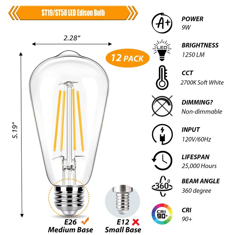 winsaLED 12 Pack 100 Watt Equivalent LED Edison Bulbs, 9W