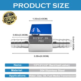 1/2”Barb Ball Valve - Stainless Steel Hose ID Barb Mini Shut Off Valve for Gas Water Drip Fuel Irrigation