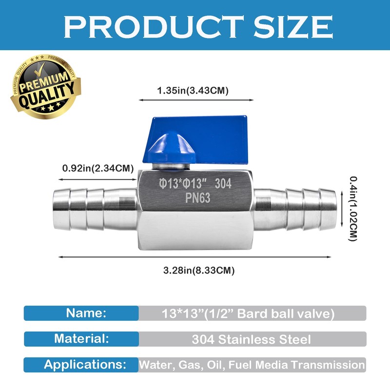 1/2”Barb Ball Valve - Stainless Steel Hose ID Barb Mini