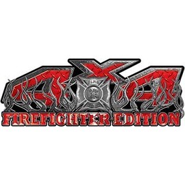 Weston Ink Reflective 4x4 Firefighter Edition Truck Quad or SUV Decal Kit with Flames and Fire Rescue Maltese Cross in Red Diamond Plate