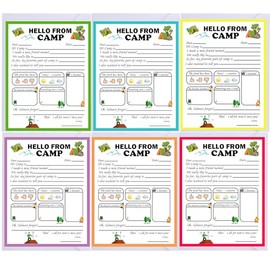 wootile Camp Greeting Cards 12 Sets Adventure Flat Cards for Travel Fill in The Blank Summer Camp Stationary for Letter Writing Boys Girls Campers (color)