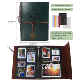 RECUTMS Green Scrapbook Leather Photo Album Retro Wedding Message Book 60 Pages Premium Black Paper Memory Book Gift Valentine's Day Mother's Day Birthday Gift for Teacher Students Kids Friend (Deer)