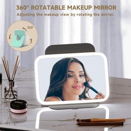 Mocado Travel Makeup Mirro with Lights, 360° Rotation Lighted Makeup Mirror, Portable Mirror with 10x Magnification, 60LEDs 3 Color Lightings, Dimmable Touch Screen, Tabletop Light up Mirror(Green)