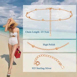 Loutade Silver Anklets for Women, 925 Sterling Silver Ankle Bracelet, Adjustable Beach Barefoot Foot Chain, Summer Holiday Rose Gold Ankle Chain, Classic Women's Ball Anklet Beach Jewellery for Girls