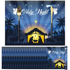 OBUSATT 100Pcs Christmas Paper Placemats Holy Night Place Mat Nativity Scene Disposable Blue Table Mats Jesus Birth Kitchen Placemat for Holiday Winter Party Dining Table Decoration 15.7 x 11.8in