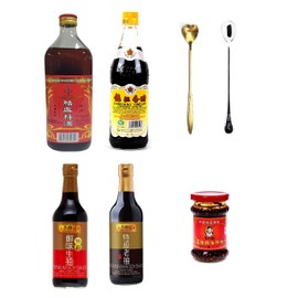 Chinese Premium Dark Soy Sauce, Premium Light Soy Sauce, Shaoxing Cooking Seasoning, Chinkiang Vinegar, Chinese Spicy Chili Crisp Spicy Chinese Chili Oil Hot Sauce With Two Long Handle Coffee Spoon
