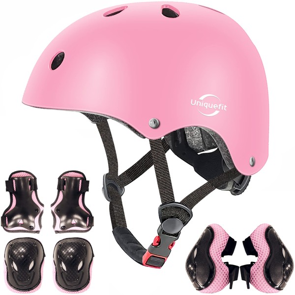 Adjustable Helmet for Children and Protective Equipment, Knee Pads, Elbow Pads, Wrist Guards (Pink, M (8-13 Years Old))