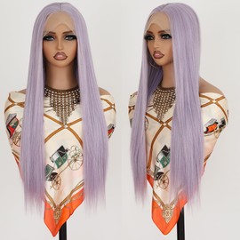 Maycaur Light Purple Lace Front Wigs Long Straight Hair 24 Inch Glueless Purple Wigs for Fashion Women Synthetic Lace Front Wigs with Natural Pre-Plucked Hairline
