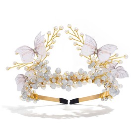 Vakkery Pearl Bridal Headband Gold Crystal Crown Headbands Bridal Tiara Hair Band Butterfly Headpiece Wedding Hair Accessories for Women and Girls