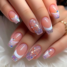 Purple French Tip Press on Nails Short Fake Nails with Rhinestones Glitter Designs Coffin Nails Press ons Glossy Glue on Nails Nude Acrylic Nails Summer False Nails Cute Stick on Nails for Women 24Pcs