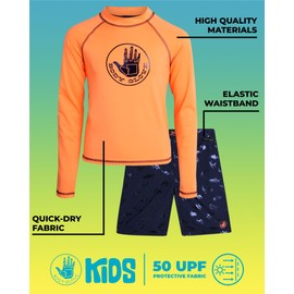 Body Glove - Traje de baño para niños con protector de erupciones UPF50+ 2 piezas con pantalones cortos (talla 4-12), Tiburones Naranjos, 8