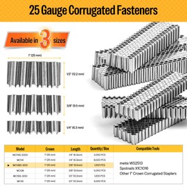 meite Corrugated Fasteners MC138 25 Gauge 1-Inch Crown 3/8-Inch Length Staples Corrugated W Fasteners for Pneumatic Corrugated Tools, for Woodworking Projects (1,200 Counts/Box)
