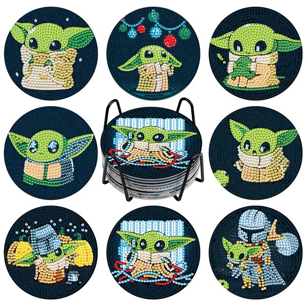 NAIMOER 8Pcs Yoda Diamond Painting Coasters, DIY Life Coaster Yoda Diamond Art Coaster Kits for Adults Kids, Full Drill 5D Diamond Painting Coaster with Holder Cork Pad for Home (Yoda Style)