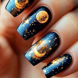 24Pcs Universe Press on Nails Stars Sky Fake Nails Glossy Yellow Gradient Stick on Nail Medium Square Acrylic Full Cover False Nail Moon Gel Glue on Fingernails for Holiday Manicure Art