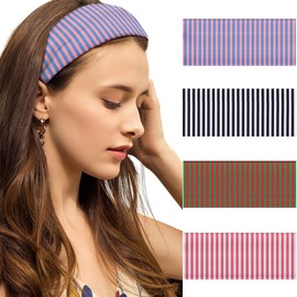 SENMAY 4pcs Headbands for Women Striped Wide Head Bands for Women's Hair Non Slip Wraps Elastic Stretchy Fashion Bandanas Workout Yoga Running Hair Bands for Women's Hair Accessories
