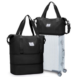 Travel Duffel Bag, Double Expansion Sport Tote Gym Bag, Waterproof Weekender Carry On Overnight Bags for Women Men with Trolley Sleeve Wet Pocket Hospital Bag, Black