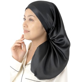 miery Nightcap for Long Hair 6A, Natural Silk, 100% 19 Momme, Silk Cap, Ribbon, Adjustable Size, Barrel Shape, Beautiful Hair, Split Ends Prevention, Black (Ribbon)