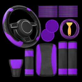 30 Pcs Car Accessories Set PU Leather Steering Wheel Cover Anti Slip Steering Wheel Protector Car Vent Trim Strips Air Conditioner Insert Strips with Installation Tool for Most Car SUV (Purple, Black)