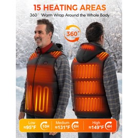 TODWARM Men Heated Vest with Battery Pack Included, Detachable Hood Sleeveless Electric Warming Jacket Winter Outerwear for Hiking Outdoor Work, 15 Heating Zones/7.4V/16000mAh, L