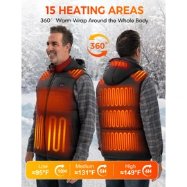 TODWARM Men Heated Vest with Battery Pack Included, Detachable Hood Sleeveless Electric Warming Jacket Winter Outerwear for Hiking Outdoor Work, 15 Heating Zones/7.4V/16000mAh, L
