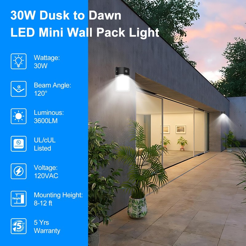30W Mini LED Wall Pack Light with Dusk to Dawn