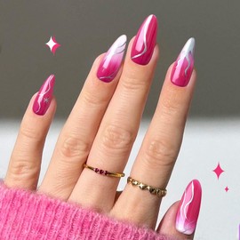 Cihcshe Press on Nails Long, 100% Handmade Red Fake Nails with Flame Accents, Reusable Stick On Nail Kit with Jelly Soft Gel, Advanced Custom Acrylic Nails Press Ons for Women, 10Pcs