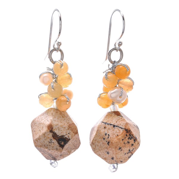 NOVICA Artisan Handmade Multigemstone Beaded Cluster Earrings Brown Quartz Pearl