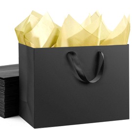 OfficceCastle 4 Pack Black Paper Gift Bags, XL 16x6x12 inch Bags with Handles and 10 Gold Tissue Sheets, Luxury Shopping Bag for Holiday Gifts, Retail, Boutique, Party Use (XL, 4pcs)