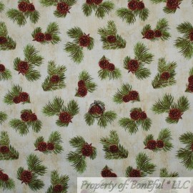 Riley Blake BonEful FABRIC FQ Cotton Quilt Tan Brown Green Holiday Xmas Tree Pine Cone Cabin