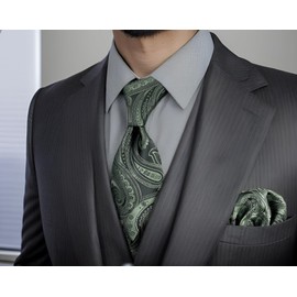 S&W SHLAX&WING Men's Tie Paisley Dark Green Silk Long, Tie 147 cm x 8 cm + pocket handkerchief