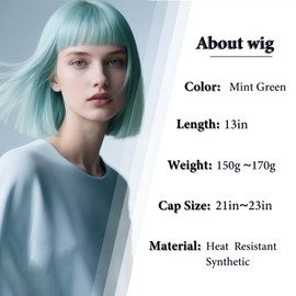 Mint Green Bob Wig with Bangs 13inShort Straight Green Wig for Women