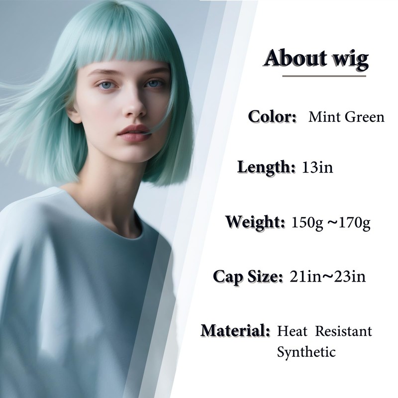 Mint Green Bob Wig with Bangs 13inShort Straight Green Wig