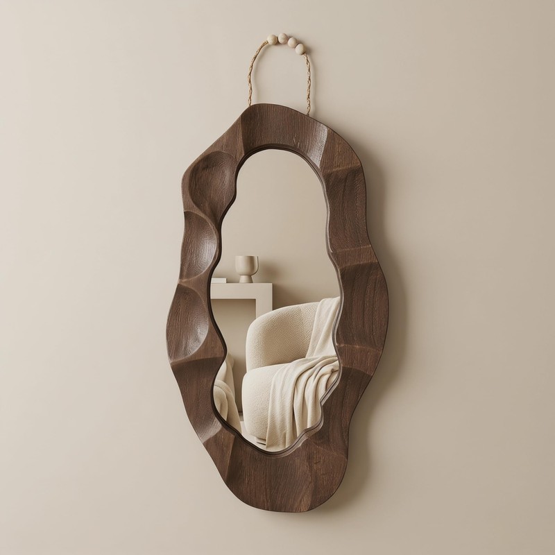 Handcrafed Rustic Wood Framed Wall Mirror, Wavy Irregular Oval Shape